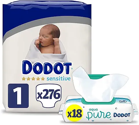 Dodot Pañales Bebé Sensitive Talla 1 (2-5 kg), 276 Pañales + Toallitas Aqua Pure, 18 Paquetes (18x48), Máxima Protección de la Piel de Dodot  