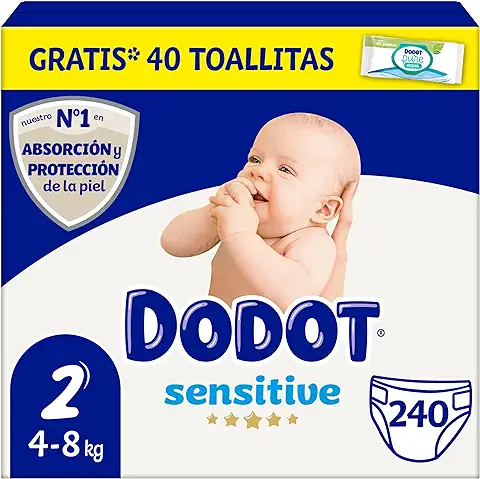 Dodot Pañales Bebé Sensitive Talla 2 (4-8 kg), 240 Pañales + 1 Pack de 40 Toallitas Gratis Cuidado Total Aqua, Óptima Protección de la Piel de Dodot, Pack Mensual  