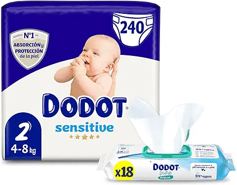Dodot Pañales Bebé Sensitive Talla 2 (4-8 kg), 240 Pañales + Toallitas Aqua Pure Plastic Free, 18 Paquetes, Máxima Protección de la Piel de Dodot  