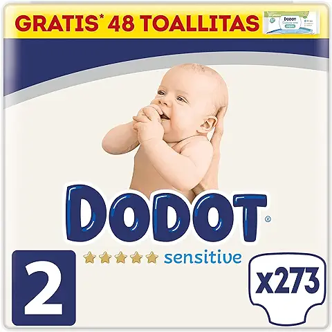 Dodot Pañales Bebé Sensitive Talla 2 (4-8 kg), 273 Pañales + 1 Pack de 40 Toallitas Gratis Aqua Plastic Free, Óptima Protección de la Piel de Dodot, Pack Mensual  