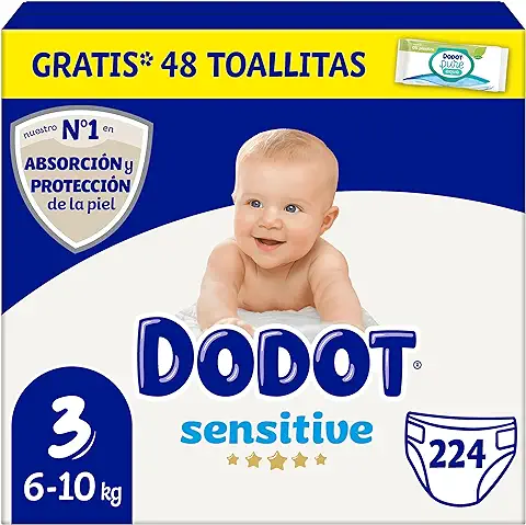 Dodot Pañales Bebé Sensitive Talla 3 (6-10 kg), 224 Pañales + 1 Pack de 40 Toallitas Gratis Cuidado Total Aqua, Óptima Protección de la Piel de Dodot, Pack Mensual  
