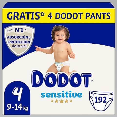 Dodot Pañales Bebé Sensitive Talla 4 (9-14 kg), 192 Pañales, Óptima Protección de la Piel de Dodot, Pack Mensual  