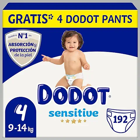 Dodot Pañales Bebé Sensitive Talla 4 (9-14 kg), 192 Pañales, Óptima Protección de la Piel de Dodot, Pack Mensual  