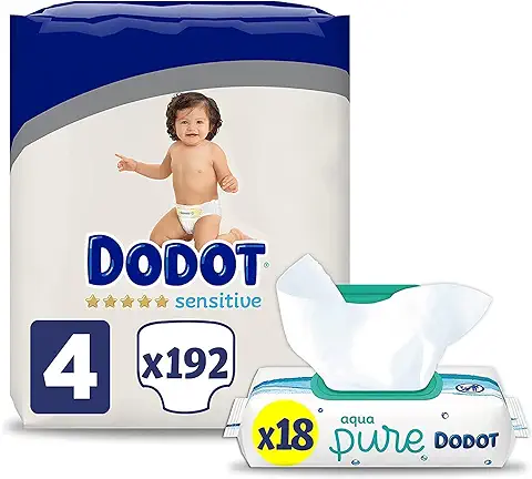 Dodot Pañales Bebé Sensitive Talla 4 (9-14 kg), 192 Pañales + Toallitas Aqua Pure, 99% Agua, 18 Paquetes (18x48), Máxima Protección de la Piel de Dodot  