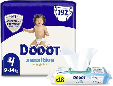 Dodot Pañales Bebé Sensitive Talla 4 (9-14 kg), 192 Pañales + Toallitas Aqua Pure Plastic Free, 18 Paquetes, Máxima Protección de la Piel de Dodot  