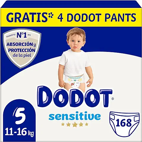 Dodot Pañales Bebé Sensitive Talla 5 (11-16 kg), 168 Pañales + 4 Pants Gratis, Óptima Protección de la Piel de Dodot, Paquete Mensual  