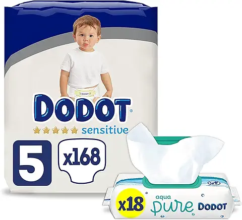 Dodot Pañales Bebé Sensitive Talla 5 (11-16 kg), 168 Pañales + Toallitas Aqua Pure, 99% Agua, 18 Paquetes (18x48), Máxima Protección de la Piel de Dodot  