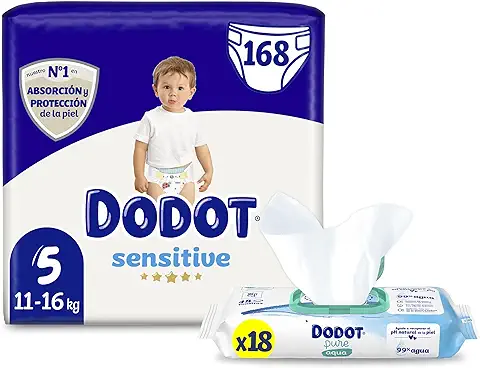 Dodot Pañales Bebé Sensitive Talla 5 (11-16 kg), 168 Pañales + Toallitas Aqua Pure Plastic Free, 18 Paquetes, Máxima Protección de la Piel de Dodot  