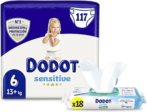 Dodot Pañales Bebé Sensitive Talla 6 (+13 kg), 117 Pañales + Toallitas Aqua Pure Plastic Free, 18 Paquetes, Máxima Protección de la Piel de Dodot  
