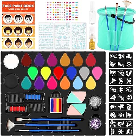 Dreamon Pintura Cara Niños, 15 Colores Maquillaje Para Niñas con 6 Pegatinas 3 Plantillas 1 Cubo Plegable de Maquillaje Carnaval Halloween Navidad Regalos de Niña  