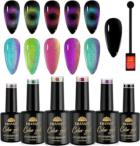EBANKU 9D Esmalte de Uñas de Gel cat Eye Set, 6 Colores Holográficos Galaxy Cat Eye Gel Nail Polish Pintauñas Semipermanentes Cat Eye Magnético Soak Off UV LED Esmalte Uñas con Barra Magnética  