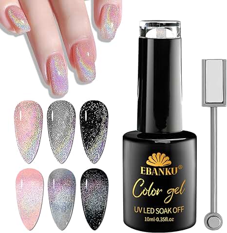 EBANKU Esmalte de Uñas de Gel Cat Eye, Holográficos Silver Cat Eye Gel Nail Polish Pintauñas Semipermanentes Cat Eye Magnético Soak Off UV LED Esmalte Uñas con Barra Magnética(10ML)  