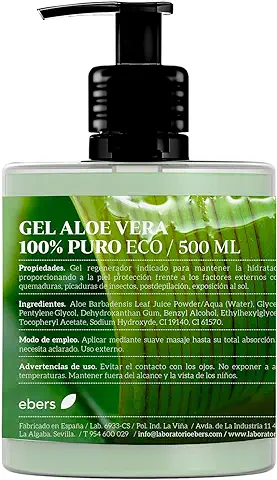 Ebers Aloe Vera Gel 100% Puro 500 Ml con Dosificador - Excelente Hidratante Rostro y Cuerpo, Aftersun, Depilación y Quemaduras.  
