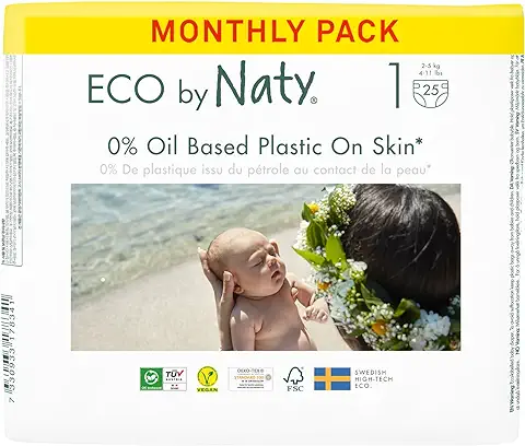 Eco by Naty Pañales Bebé - Pañales Ecológicos a base de Plantas, Ideales para la piel Sensible del Bebé y Ayuda a Evitar las Fugas (Talla 1, 100 Unidades)  