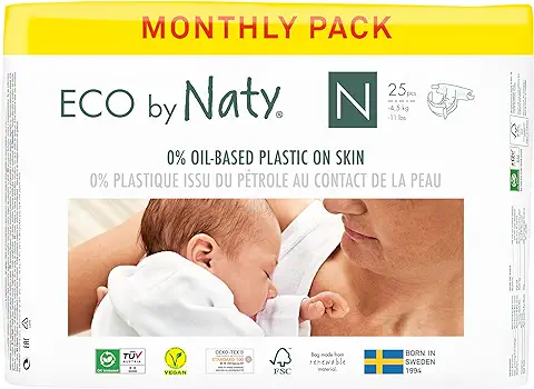 Eco by Naty Pañales Bebé - Pañales Ecológicos a base de Plantas, Ideales para la piel Sensible del Bebé y Ayuda a Evitar las Fugas (Talla Recién Nacido, 100 Unidades)  