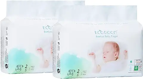 ECOBOOM - Pañal Ecológico de BAMBÚ Eco Boom. 70% Biodegradable, Hipoalergénico (TALLA 2/S, 3-8 KG, PACK 2 BOLSAS, TOTAL 72 PAÑALES)  