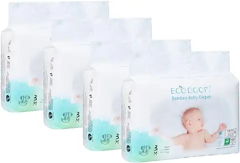 ECOBOOM- Pañal Ecológico de BAMBÚ Eco Boom. 70% Biodegradable, Hipoalergénico (TALLA 3/M, 6-10KG, PACK DE 4 BOLSAS, TOTAL 128 PAÑALES)  