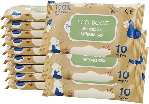 ECOBOOM, Toallitas Húmedas Bambú 100% Biodegradable, 99,7% agua pura (120 Toallitas - 12 Paquetes de 10 ud)  
