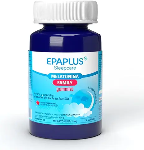 EPAPLUS Sueño Melatonina Family Gummies, 50 Gominolas, Sabor Frambuesa, 1 mg, Ayuda a Conciliar el Sueño, Complemento Alimenticio para Dormir, Apto para Niños & Adultos  