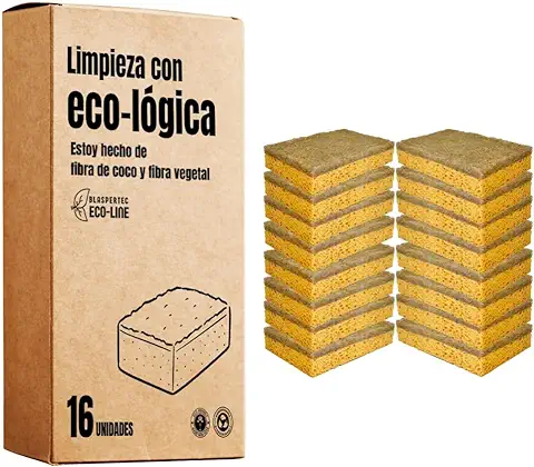 Estropajo Ecologico Resistente [16 Unidades] Hogar y Cocina | Hecho de Fibra de Coco y Celulosa | Estropajo Biodegradable | Limpieza Cocina, Hogar, Baño | Apto Vitroceramica | Producto Ecológico  