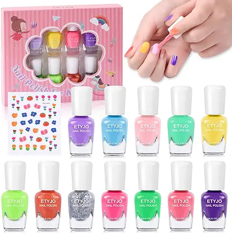 ETYJO Sets de Esmalte de Uñas para Niñas, 12 Colores de Caramelo no Tóxicos Peel-Off Kids Nail Sets con Pegatinas de Uñas de Flores, de Secado Rápido a base de agua Kids Nail Varnish Set  