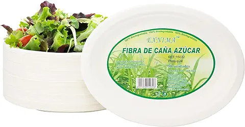 EXNIMA, Pack 50 Platos Desechables Biodegradables de Caña de Azúcar, Ovalados, Vajilla Desechable, Ecológica 100% Natural, Resistente, para Evento, Fiestas, Barbacoa, Cumpleaños y Manualidades.  