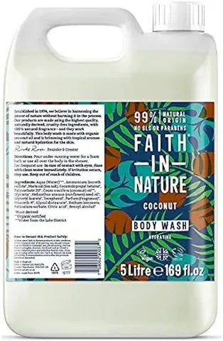 Faith in Nature Gel de Baño Natural de Coco, Hidratante, Vegano y No Testado en Animales, sin Parabenos ni SLS, Recarga de 5 l  