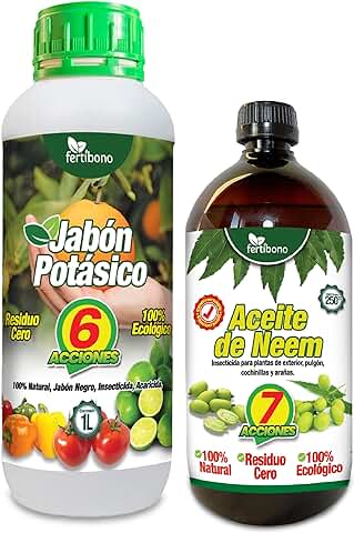 FERTIBONO JaboNeem: Concentrado Jabón Potásico y Aceite de Neem Extraído en Frío - 1L+250ml - Máxima Eficacia y Ahorro en Control de Plagas para Plantas y Huertos  
