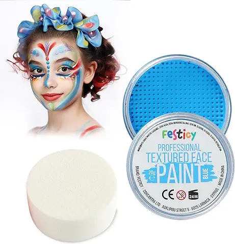 Festicy Maquillaje Profesional Azul, 20g Maquillaje Teatro y 1 Esponja de Maquillaje I Maquillaje Infantil Carnaval Halloween I Pintura Facial Vegana, Maquillaje cara Niños, Maquillaje Carnaval  