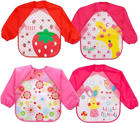 FILOWA Baberos Bebe Impermeables con Mangas, 4 Piezas Babero Manga Larga EVA Delantal Guarderia Pintura Comida para Niñas 6 a 36 Meses, Rosa (Fresa, Flor, Conejo, Jirafa)  