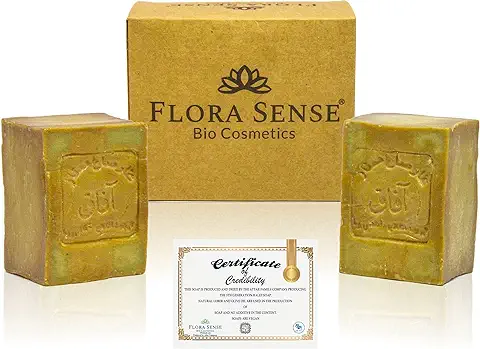 Flora Sense Juego de Jabón de Alepo Original 2x200g, 50% -50% Aceite de Laurel y Aceite de Oliva, Jabón Facial, Jabón de Ducha, Eczema, Psoriasis, Producto Artesanal, Envejecido Durante 7 Años  