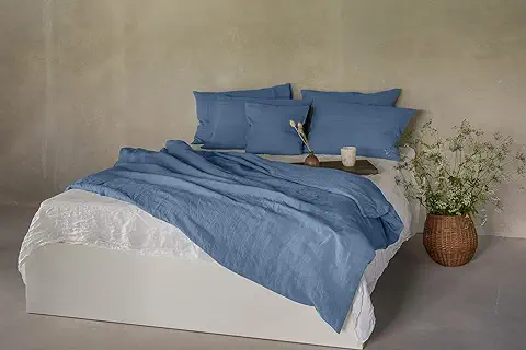 Ger3as Juego de ropa de cama de lino 100% Natural Lavado a la Piedra, Fibra Natural y Lino, con Cierre de Hotel, Color Azul, 135 x 200 cm, 80 x 80 cm  