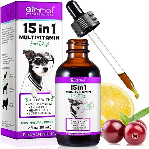 Gotas Multivitamínicas para Perros 15 en 1 – Vitaminas, Suplementos Nutricionales y Minerales para Perros – Glucosamina, MSM para piel y Pelo, Salud Cardíaca, Huesos, Articulaciones, Sistema  