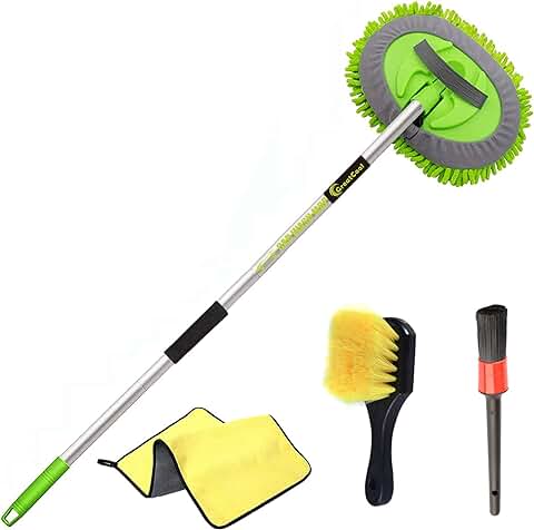 GreatCool Kit de Cepillo para Lavar Coche 4 Pezzi Fregona Limpieza de Coche Con Mango Largo de Aluminio de 113cm Microfibra Cepillo para Pedales y Pisos Cepillo para Detalles Toalla RV Camion  