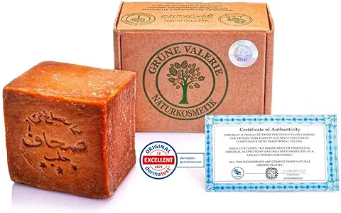 Grüne Valerie® Jabón Original de Alepo 200g+ 50% / 50% Aceite de Laurel / Aceite de Oliva Jabón para Lavar el Cabello / Jabón de Ducha Valor PH 8 Detox, Hecho a mano - más de 6 Años Madurado  
