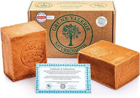 Grüne Valerie® Set de Jabón Original de Alepo 2 x 200g (400g) con 40%/60% de Aceite de Laurel/aceite de Oliva, Valor PH 8 Detox, Hecho a Mano, 6 Años de Maduración  