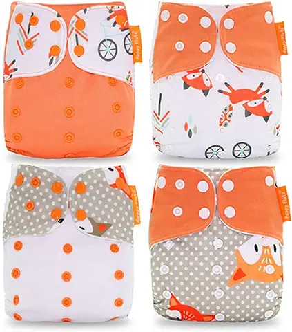 HahaGo Pañal de tela para Bebé Pañales Reutilizables Lavables Inserte el de Bolsillo todo en uno para la Mayoría de los Bebés y Niños Pequeños (4 Piezas, Patrón de Zorro Naranja)  