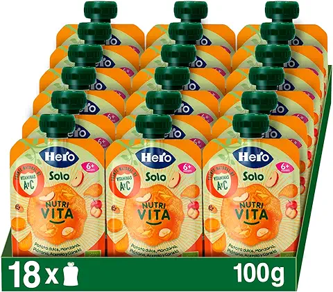 Hero Solo - Bolsitas Ecológicas de Patata Dulce, Manzana, Plátano, Acerola y Canela, Sin Conservantes, Aditivos, Aceite de Palma ni Azúcares Añadidos, A Partir de los 6 Meses - Pack de 18 x 100 g  