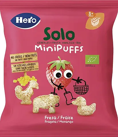 Hero Solo Minipuff Snack de Fresa con Ingredientes 100% Ecológicos, sin sal Añadidam sin Aditivos y no Fritos- 18gr  