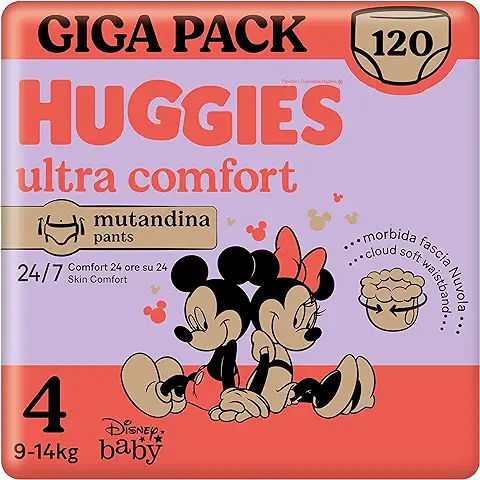 Huggies Ultra Comfort Pañales Tipo Braguita para Bebé, Talla 4 (9-14 kg), con Gráficos Disney, 4 Packs x 30 Pañales, Total 120 Pañales, Solo Online  