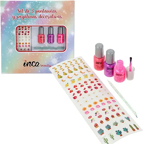 INCA Set Manicura Infantil - 3 Pintauñas Niñas Lavable con Agua + Pegatinas Uñas - Ideal Manicura Niñas - Fácil de Eliminar Lavando las Manos - NO TÓXICO - Esmalte Uñas Infantil al Agua (5 Piezas)  