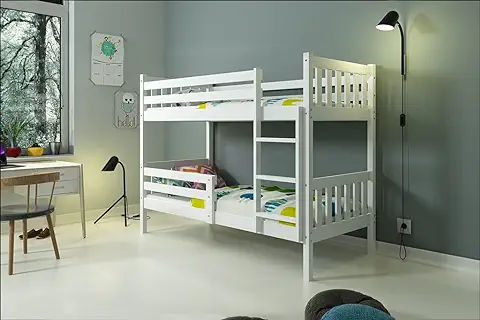 Interbeds LITERA Cama Infantil 200X90 ''CARINO sin Cajón, con Somieres de Maderas Flexibles y Colchones de Espuma de Regalo! (Blanco)  