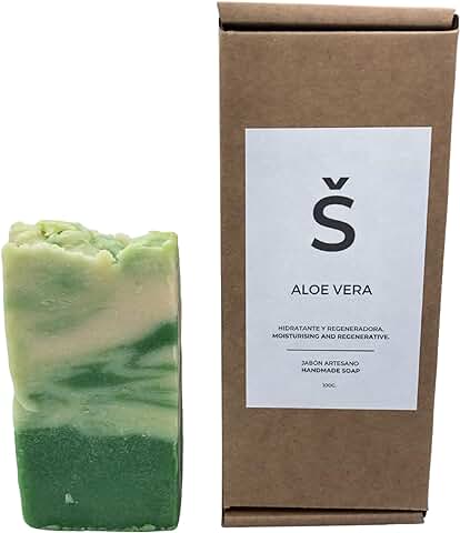 Jabón de Aloe Vera Natural Artesanal | Jabones para Regalar | Para Pieles Secas y Arrugadas | Jabón de Manos, Cuerpo y Cara Calmante y Refrescante | Sin Aceite de Palma (100 g).  