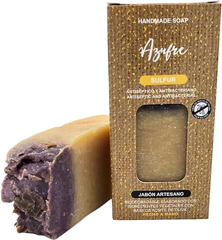 Jabón Natural Azufre Cero Waste | Jabón de Manos, Cuerpo y Cara Hidratante Antiinflamatorio | Pastilla Jabón Ecológica Artesanal | Fabricado en España | Vegano | Sin Aceite de Palma (100 g).  
