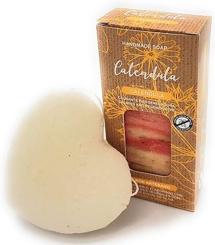 Jabón Natural Caléndula Para Manos, Cuerpo y Cara de Piel Sensible Para Mujer, Hombre y Adolescente, Pastilla Sólida Artesanal, Vegano sin Aceite de Palma, Hecho en España (100 gr.) Esponja Konjac  