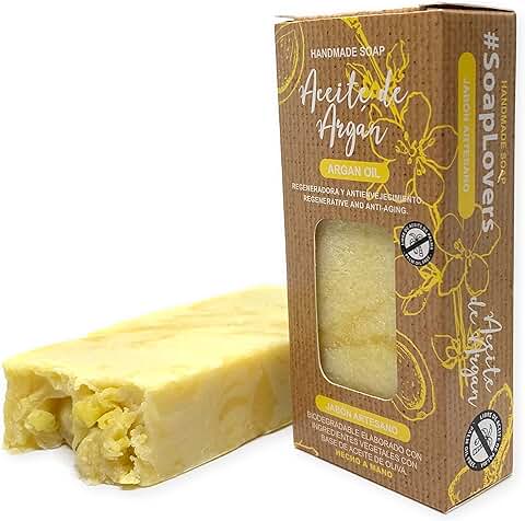 Jabón Natural de Aceite de Argán - Jabon de Manos, Cuerpo, y Cara Regenerador y Antienvejecimiento, Pastilla Sólida Ecológica y Artesanal, Fabricado en España, Vegano y Sin Aceite de Palma (100 g)  