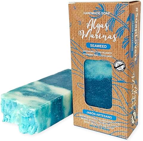 Jabón Natural de Algas Marinas - Jabon de Manos, Cuerpo, y Cara Exfoliante y Drenante, Pastilla Sólida Ecológica y Artesanal, Fabricado en España, Vegano y Sin Aceite de Palma (100 g)  