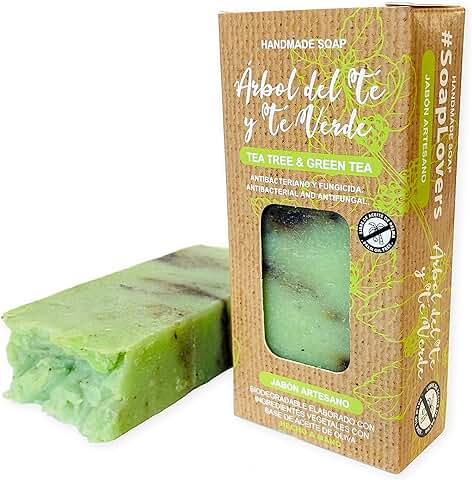 Jabón Natural de Arbol de Té - Jabon de Manos, Cuerpo, y Cara Antibacteriano y Fungicida, Pastilla Sólida Ecológica y Artesanal, Vegano y Sin Aceite de Palma (100 g)  