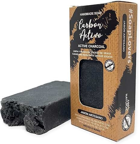 Jabón Natural de Carbón Activo - Jabon de Manos, Cuerpo, y Cara Limpiador Piel Grasa, Pastilla Sólida Ecológica y Artesanal, Fabricado en España, Vegano y Sin Aceite de Palma (100 g)  