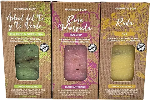 Jabon de Ruda, Árbol de Té y Rosa de Mosqueta | Jabones para Regalar | Jabón de Manos, Cuerpo y Cara | Pastilla Jabón Ecológica Artesanal | Fabricado en España | 100g  